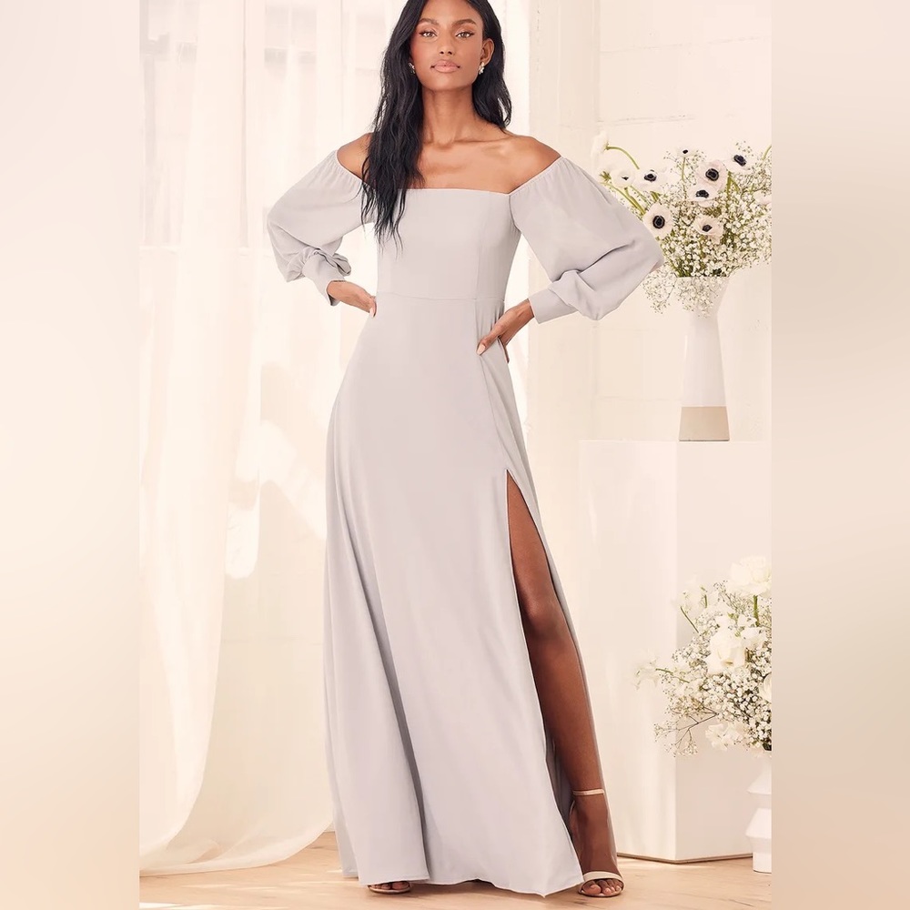 Feel the Romance Grey Off-the-Shoulder Maxi Dress Lulus